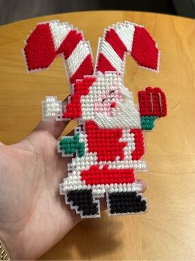 Set of 3 Vintage Christmas Ornaments Handmade Canvas Cross Stitched Needlepoint